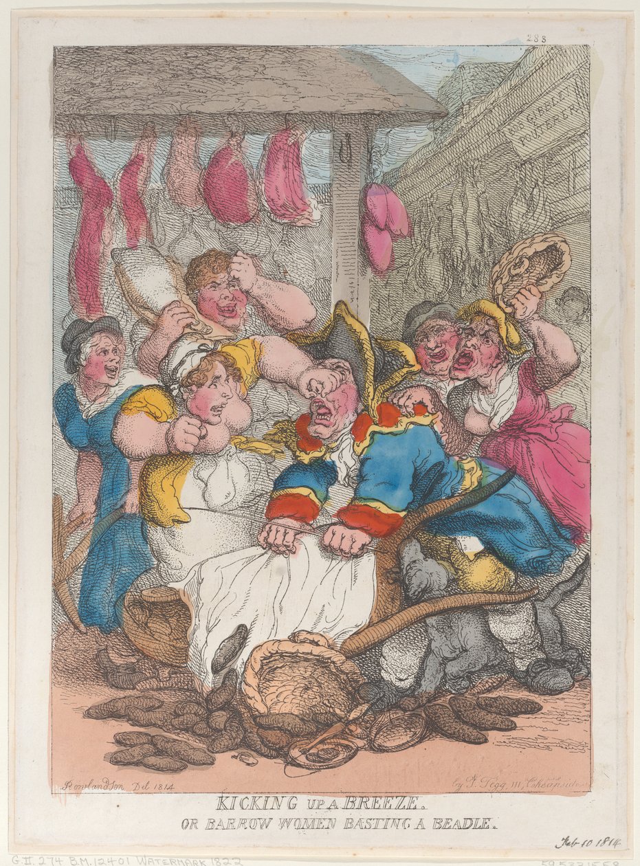 Kicking Up a Breeze or Barrow Women Basting a Beadle, February 10, 1814 by Thomas Rowlandson