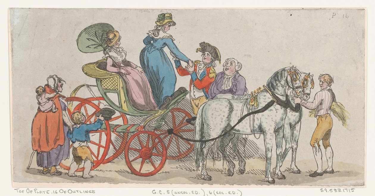 Ladies Getting Out of a Carriage from Plate 16, Outlines of Figures, Landscapes by Thomas Rowlandson
