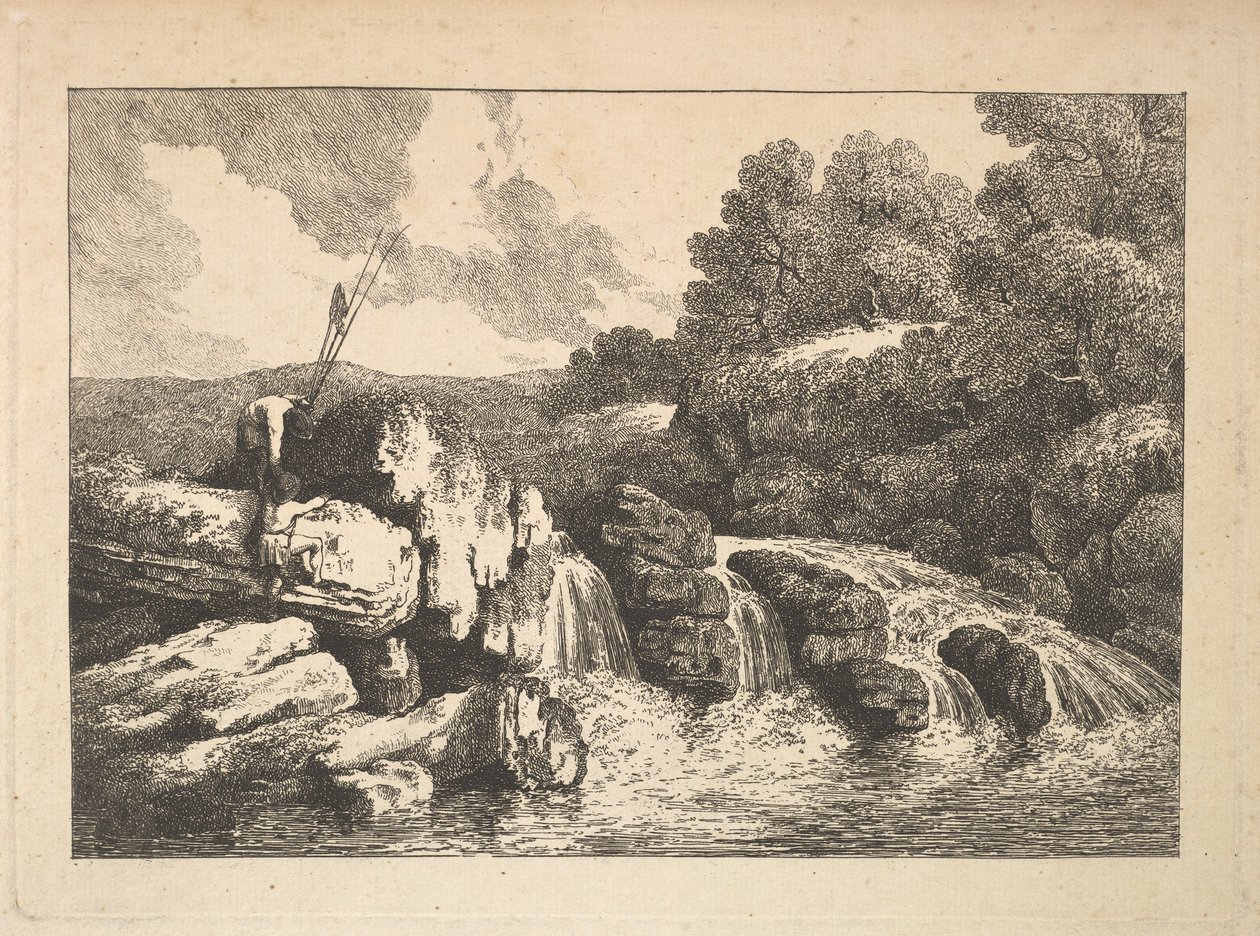 Landscape with Two Fishermen Climbing Rocks Next to a Waterfall by Thomas Rowlandson