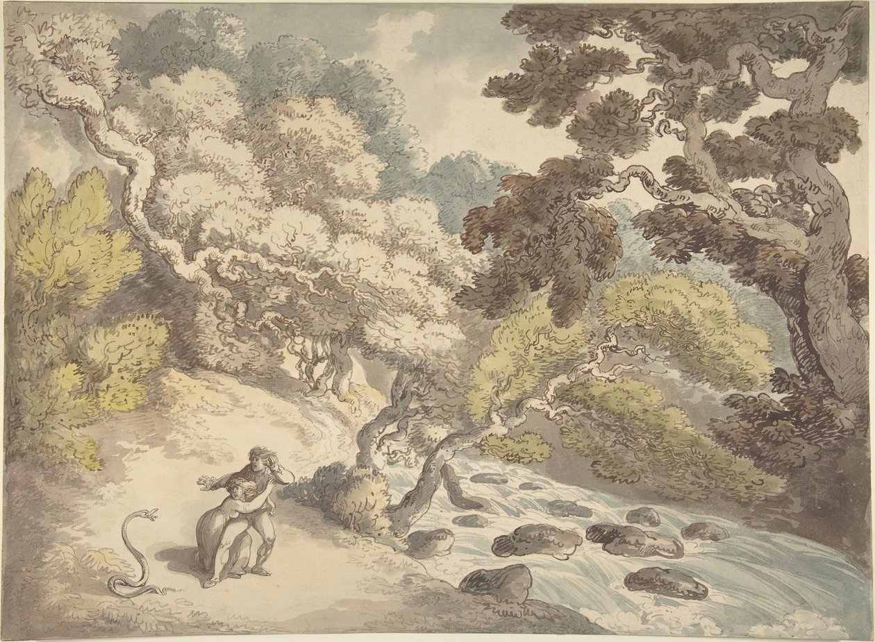 Landscape with Rushing Stream and a Couple on the Bank, Frightened by a Snake by Thomas Rowlandson