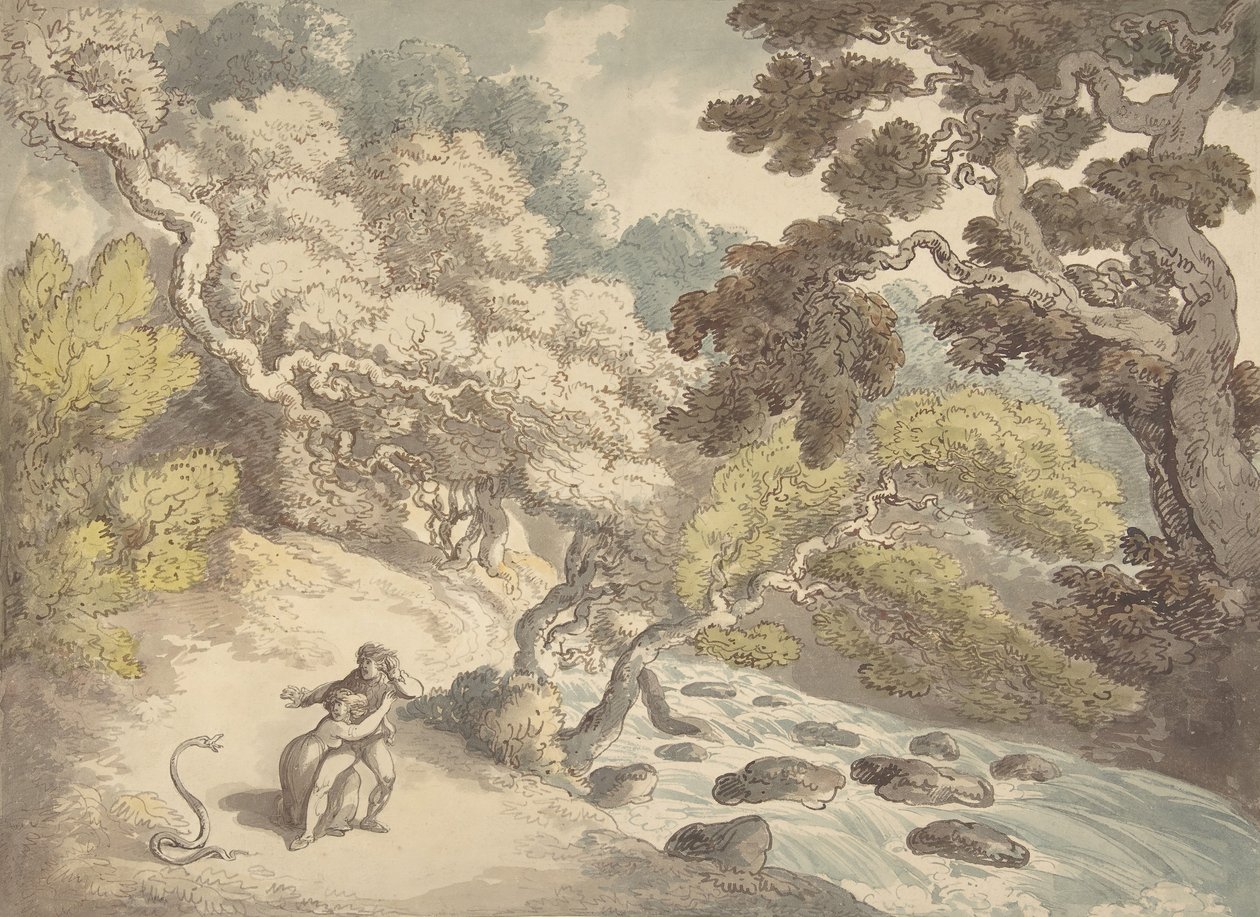 Landscape with rushing stream and a couple on the bank, frightened by a snake by Thomas Rowlandson