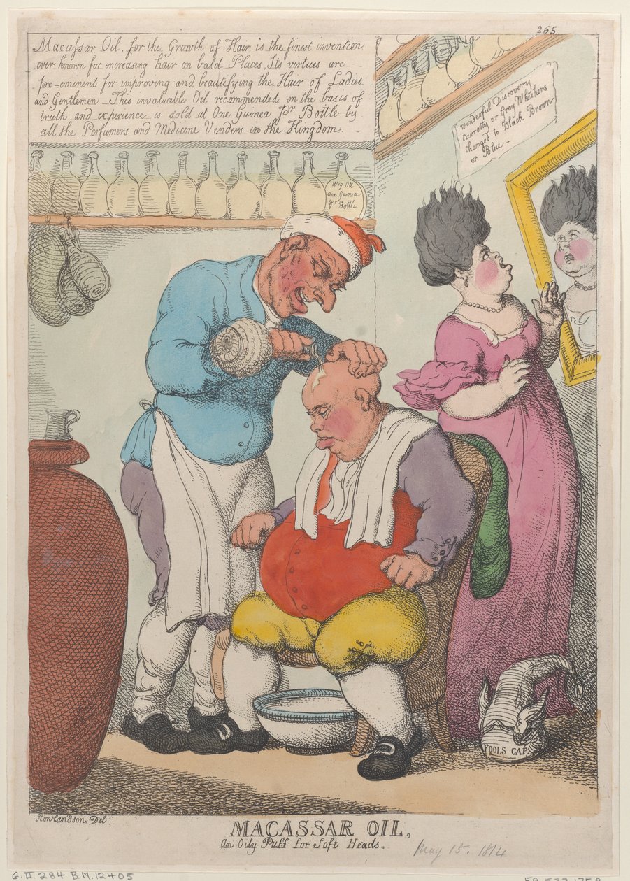 Macassar Oil, An Oily Puff for Soft Heads, March 15, 1814 by Thomas Rowlandson