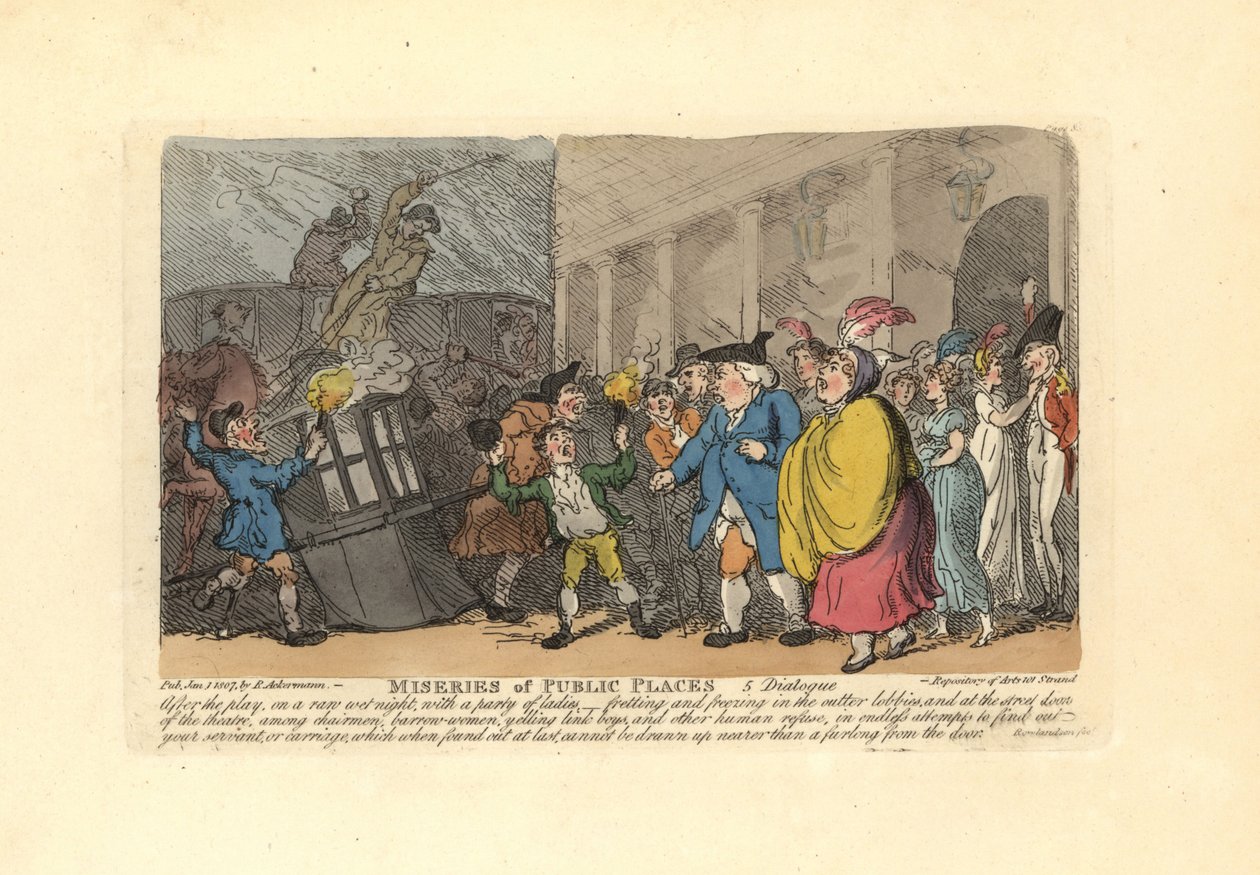 Man and Ladies Searching for a Carriage in a Crowd in the Rain by Thomas Rowlandson