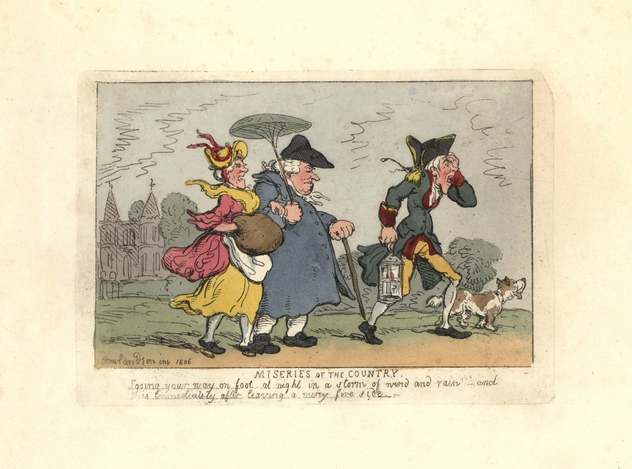 Man and woman lost in the countryside in a night storm by Thomas Rowlandson