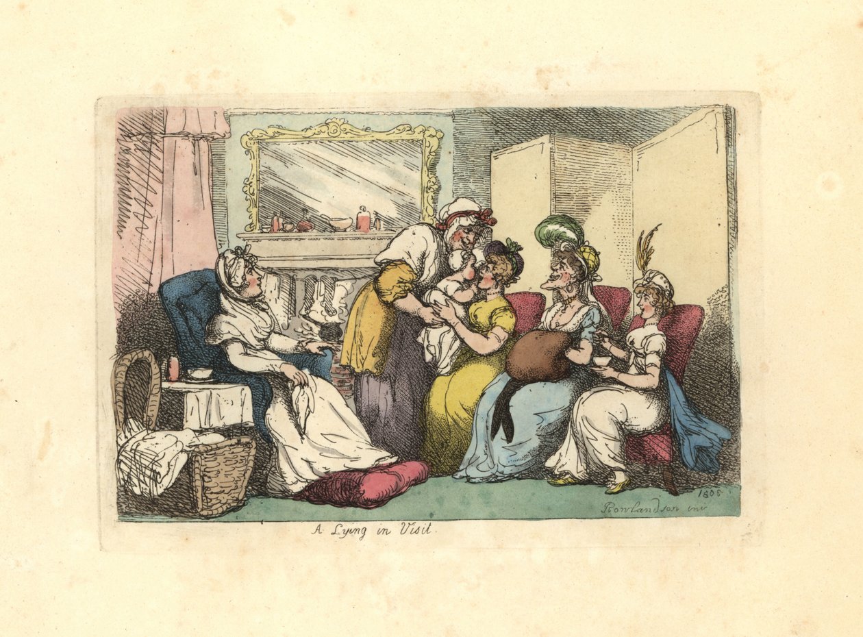 Mother with new born baby visited by several women in a parlour by Thomas Rowlandson