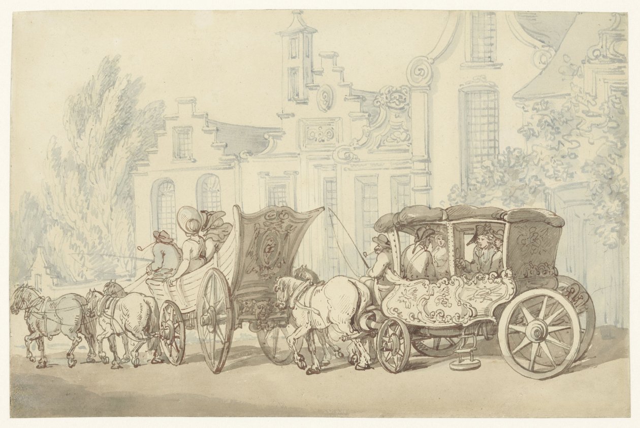 Open Carriage and Coach in a Quasi-Dutch Street by Thomas Rowlandson