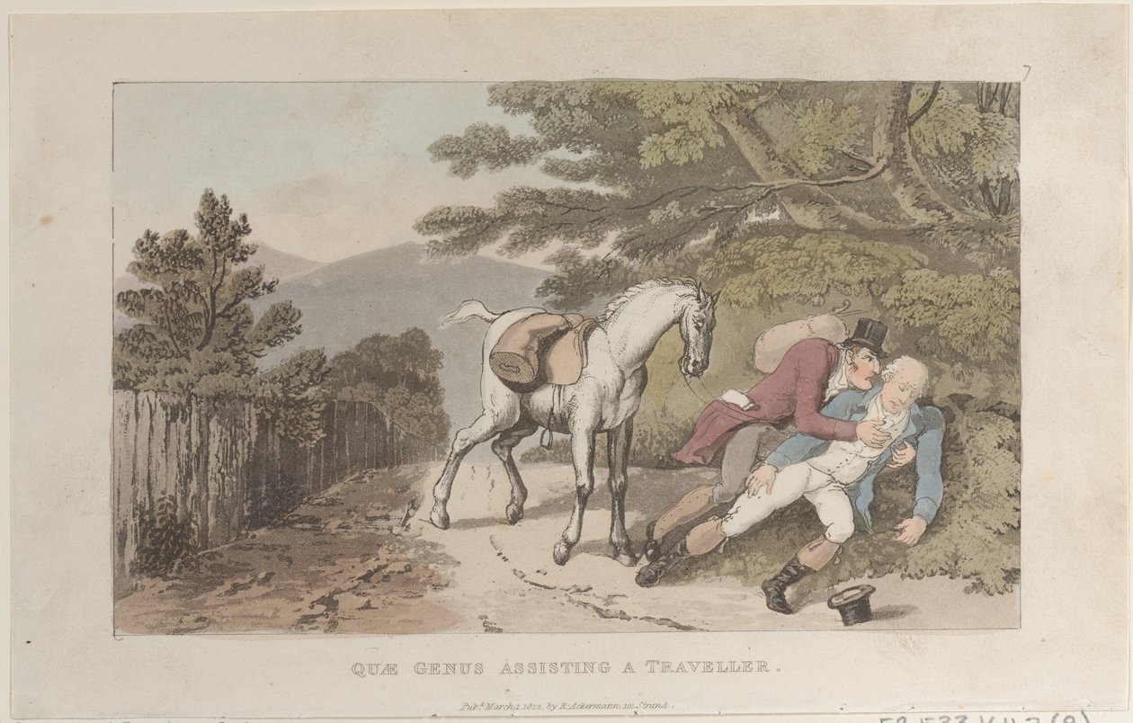 Quae Genus Assisting a Traveler, from The History of Johnny Quae Genus, March 1, 1822 by Thomas Rowlandson