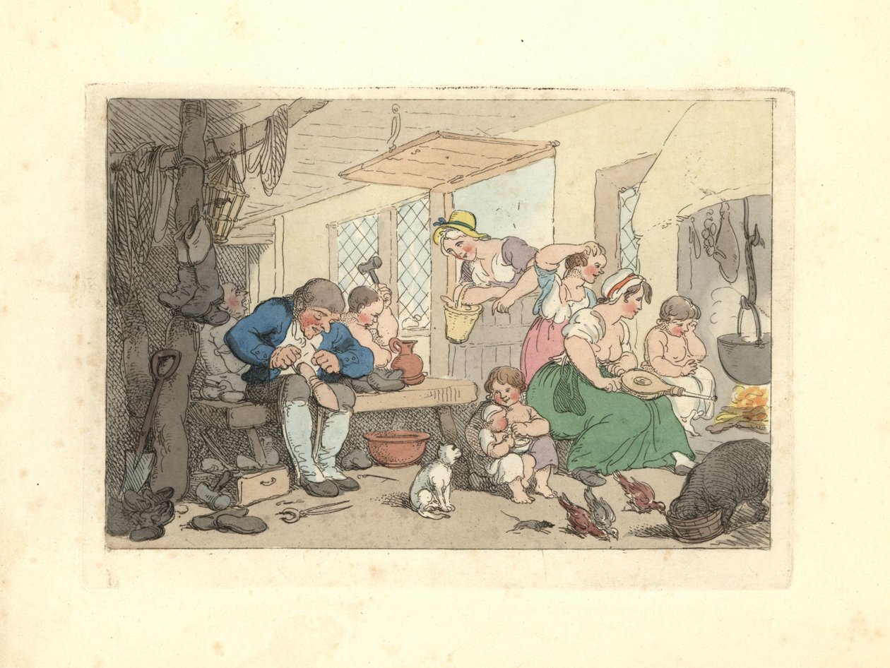 Regency Cobbler Mending Shoes in a Crowded Room by Thomas Rowlandson