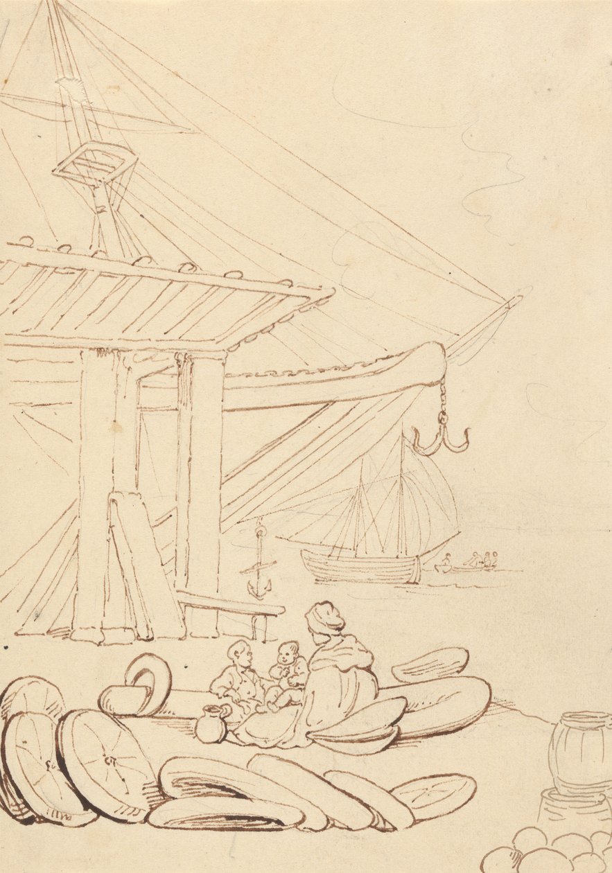 Sketch of a Woman and Children Sitting on a Shipping Dock by Thomas Rowlandson