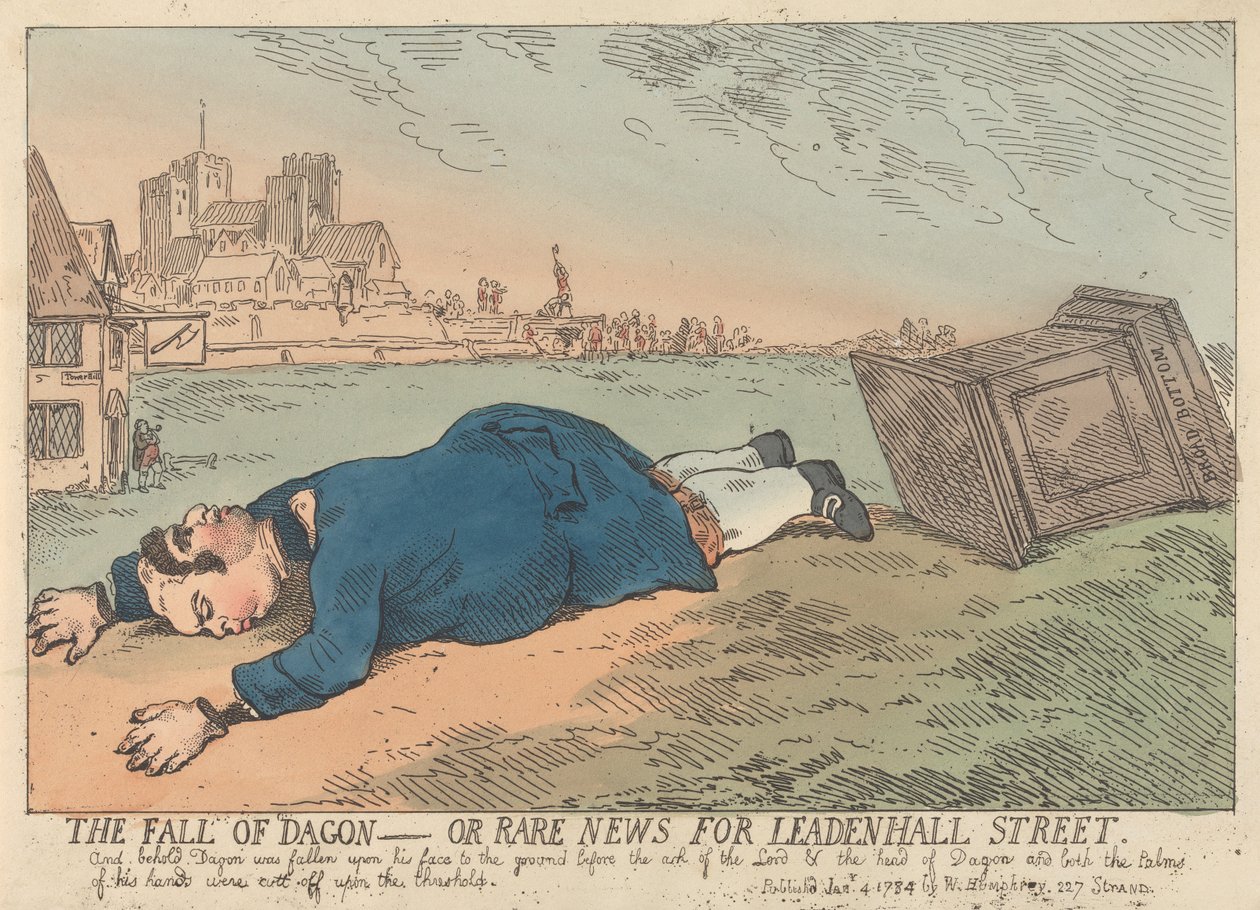 The Fall of Dagon or Rare News for Leadenhall Street by Thomas Rowlandson