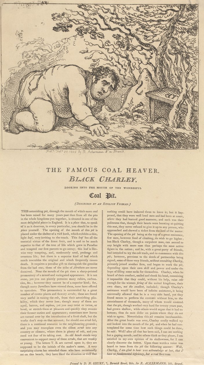 The Famous Black Coal Heaver, Black Charley, Looking into the Mouth of the Wonderful Coal Pit by Thomas Rowlandson