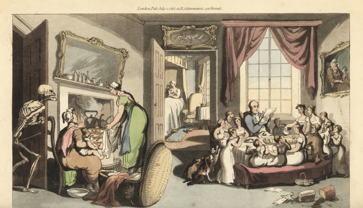 The Skeleton of Death Appears in the Living Room of a Large Family to Take a Child or Newborn Baby by Thomas Rowlandson