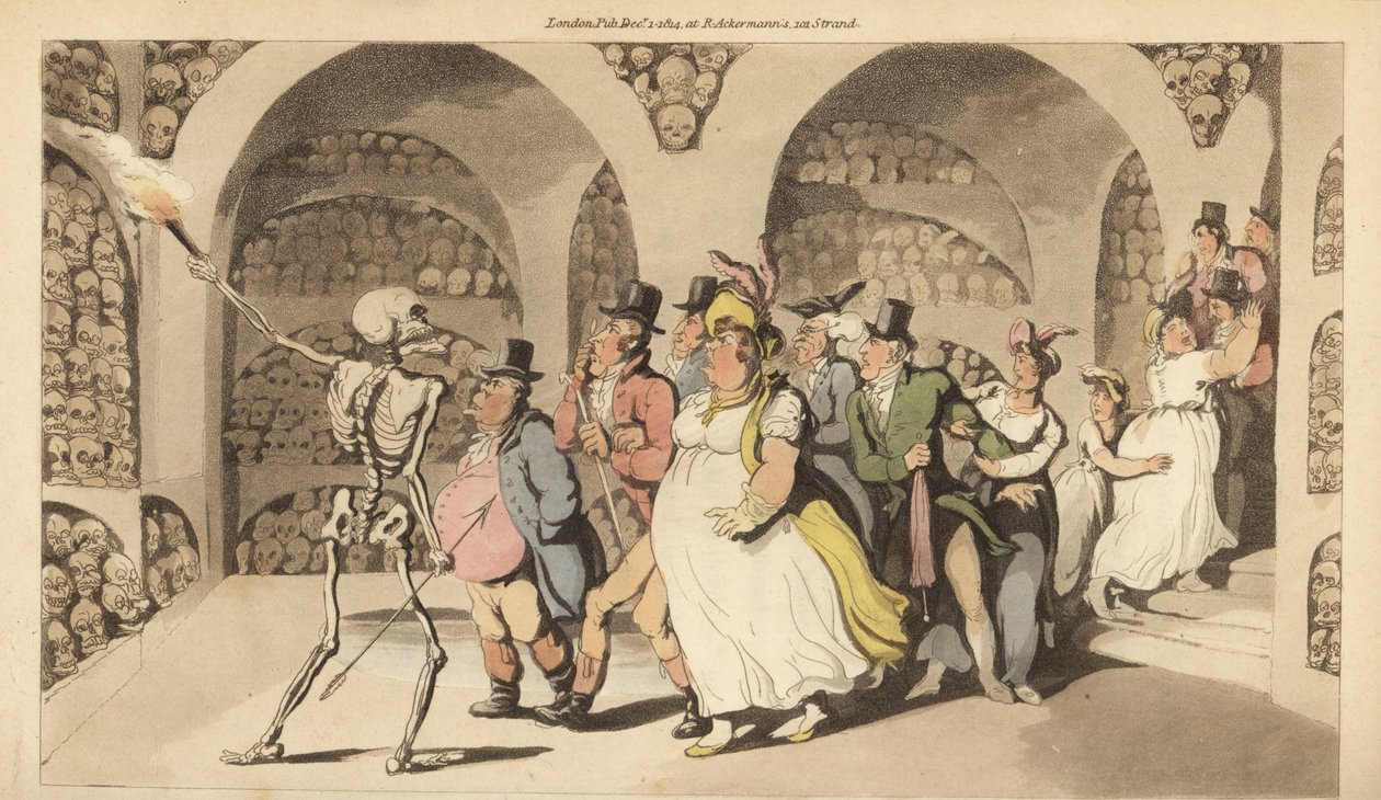 The Skeleton of Death Guides Tourists Through the Catacombs in Paris by Thomas Rowlandson