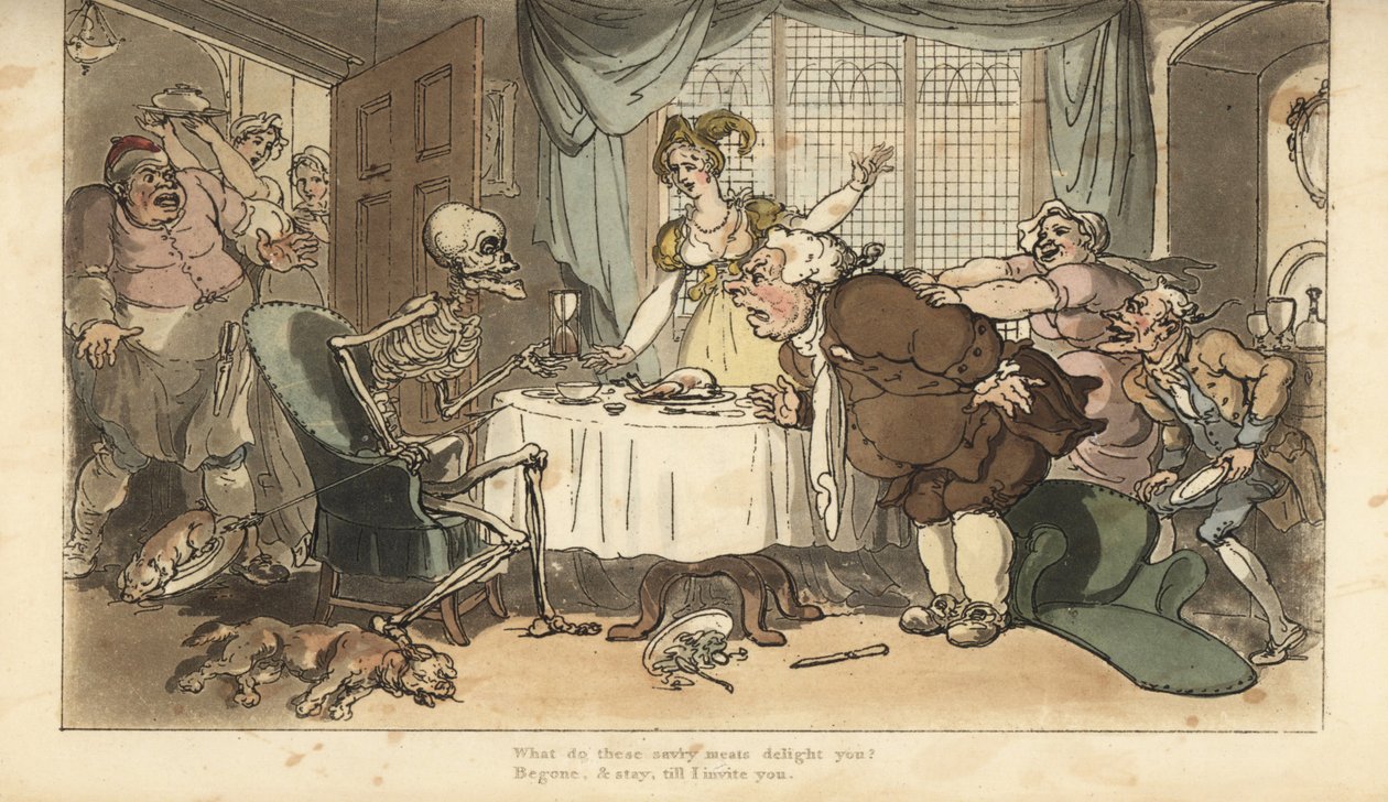 The skeleton of Death with dart and hourglass comes for the glutton as he feasts at dinner by Thomas Rowlandson