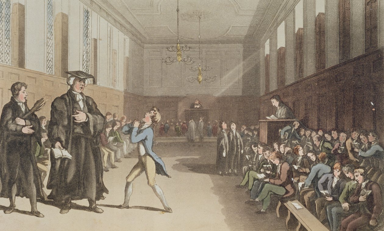 The stern preceptor, with his threatening nod, calls in the wise correction of the rod, from A Compendious Treatise on Modern Education, 1802 by Thomas Rowlandson
