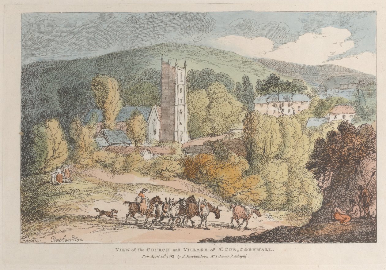 View of the Church and Village of St. Cue, Cornwall, from Views in Cornwall, April 12, 1812 by Thomas Rowlandson
