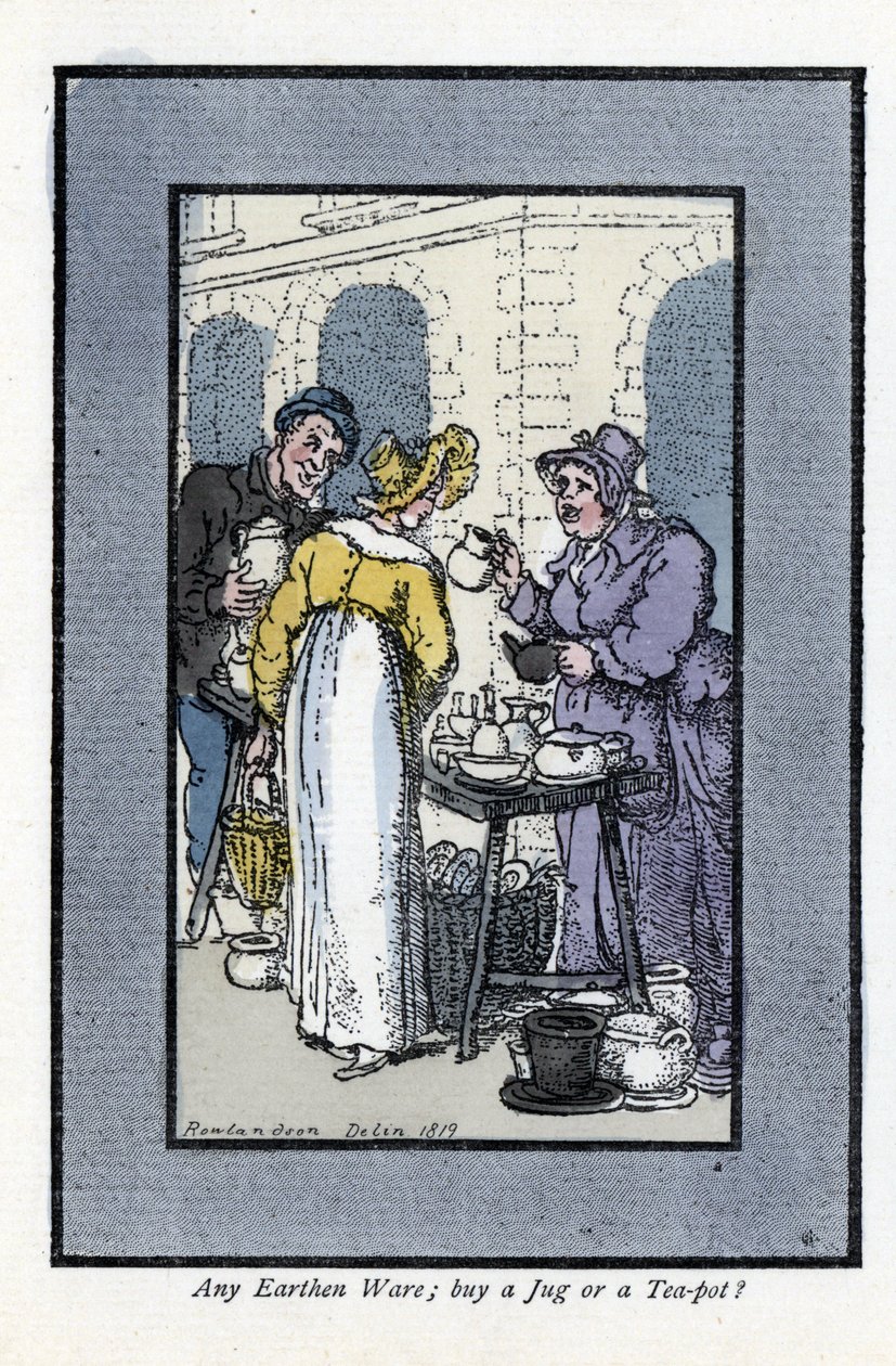 Woman selling pitchers, teapots and bowls at a street corner. An elegant young woman looks at the goods by Thomas Rowlandson