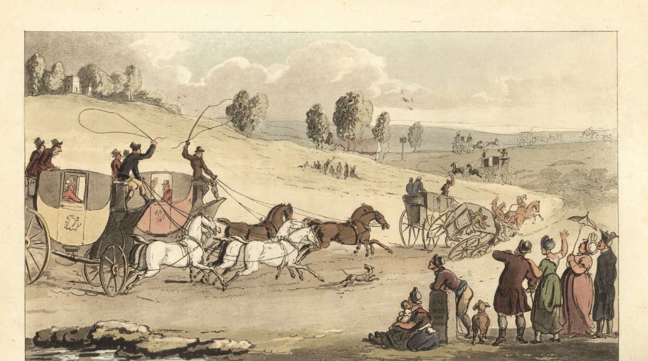 Young English gentlemen racing four-horse carriages on a road by Thomas Rowlandson