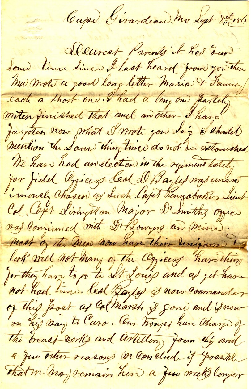 Letter signed T.S. Hawley, Cape Girardeau, Missouri, to parents, September 8, 1861 by Thomas S. Hawley