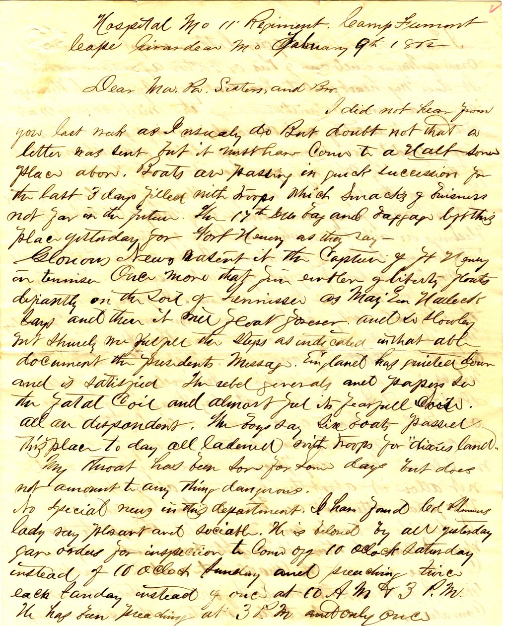 Letter signed T.S. Hawley, Hospital 11th Missouri Infantry, Camp Fremont, Cape Girardeau, to family, February 9, 1862 by Thomas S. Hawley