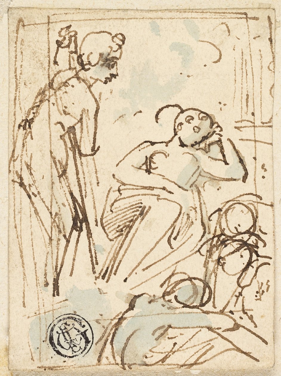 Sketch of Man Leaning on Staff, Looking at Sleeping Woman by Thomas Stothard