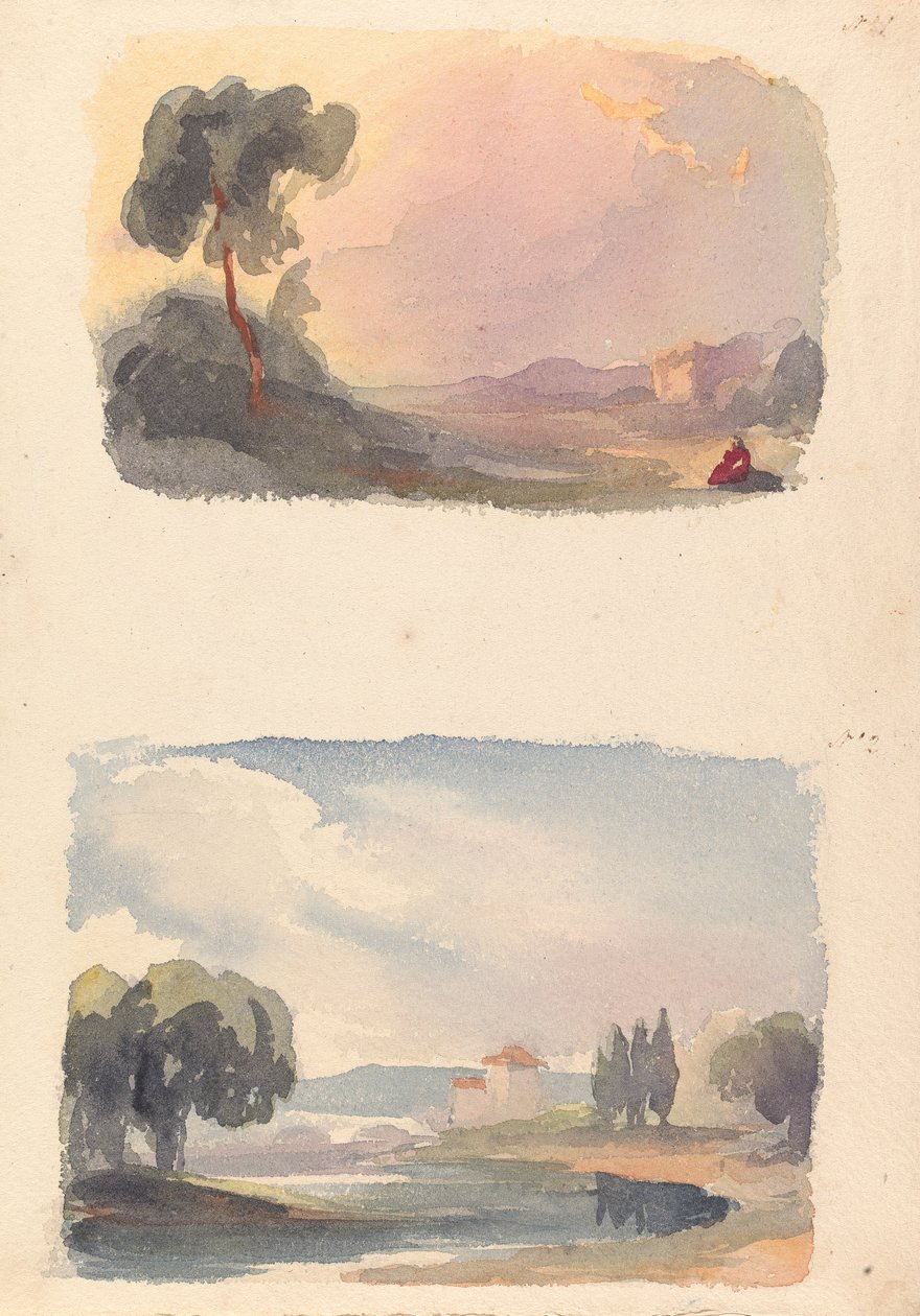Two Drawings on One Sheet: Landscape with Mountains in Distance and Seated Figures in Foreground (no. 1); Landscape with River and Building, Mountains in Distance (no. 2) by Thomas Sully