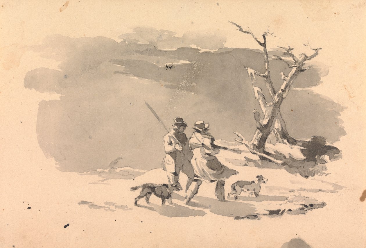 Two Hunters and Two Dogs in Winter Scene by Thomas Sully