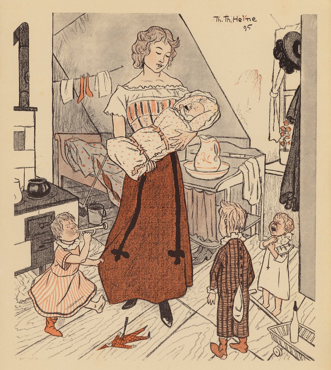 Single Mother with Her Four Children by Thomas Theodor Heine