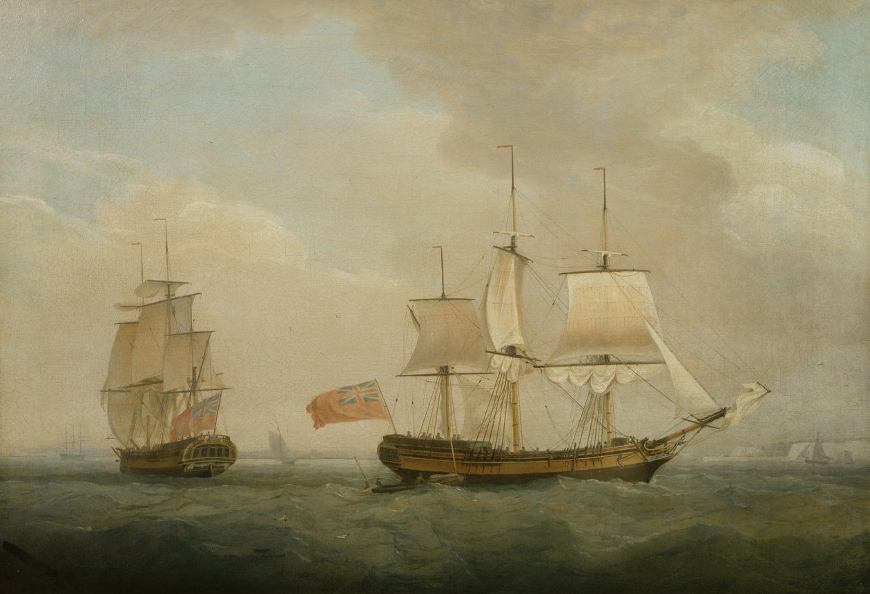 A Merchantman in Two Positions off the South Coast by Thomas Whitcombe