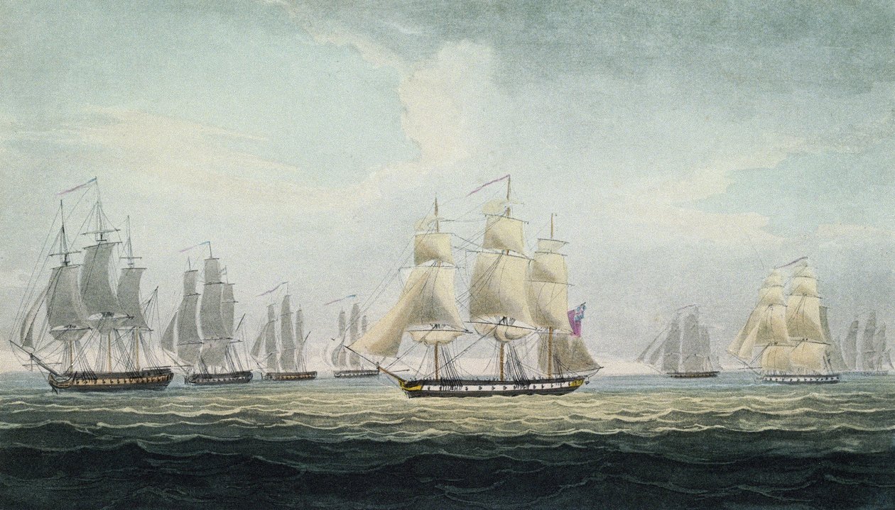 The naval manoeuvre of Sir Graham Moore, commander of the squadron of four frigates in the British Royal Navy, which captured a Spanish treasure fleet, off Cadiz, Spain, on October 5 by Thomas Whitcombe