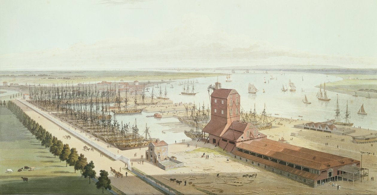 The Mast House and Brunswick Dock at Blackwell, 1803 by Thomas und William Daniell