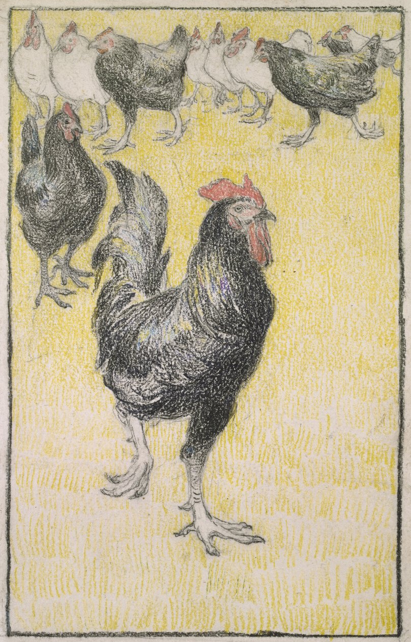 Cockerel, followed by black and white Hens by Théophile Alexandre Steinlen