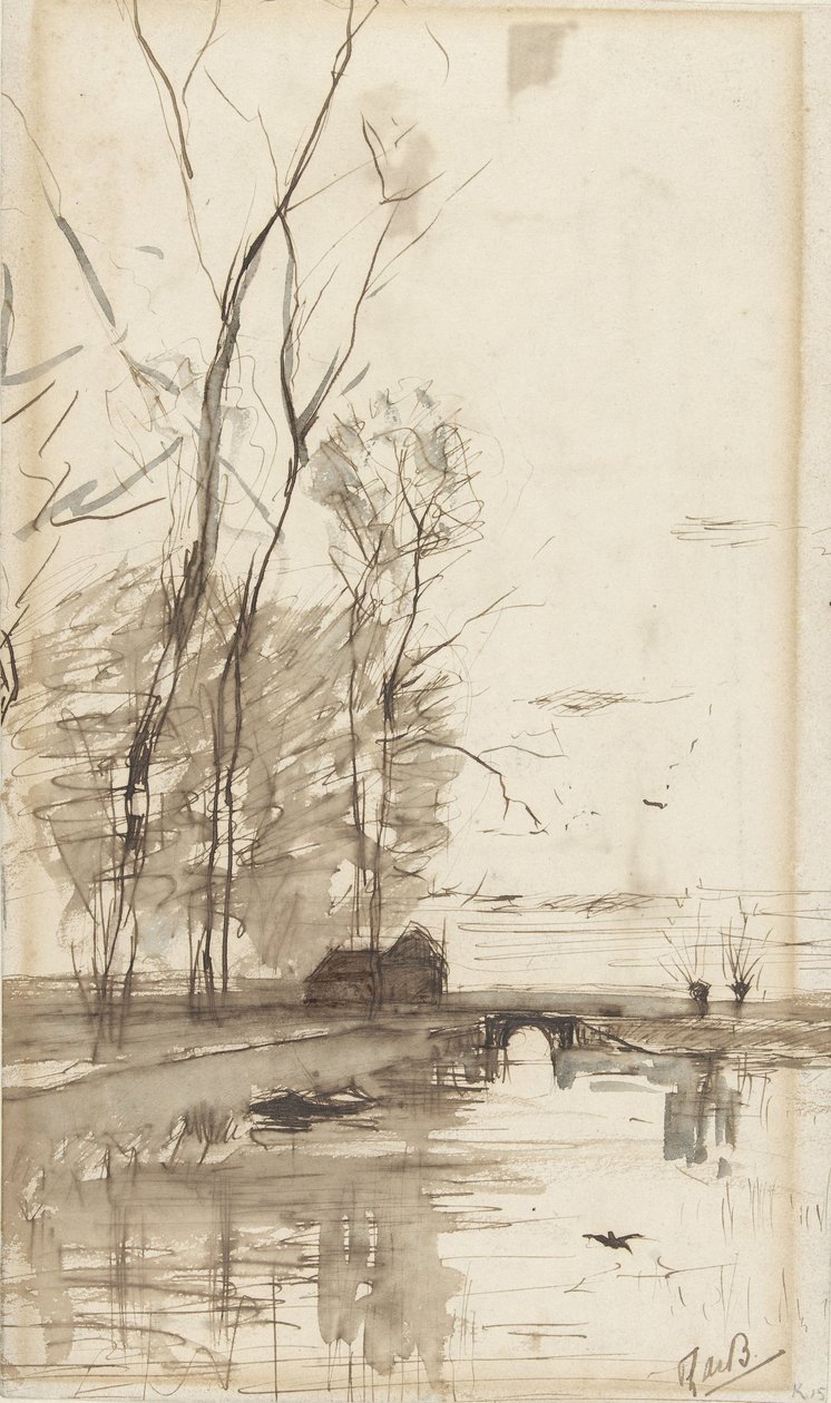 Canal View with Tall Trees, a Farmhouse, and a Bridge by Théophile de Bock (possibly)