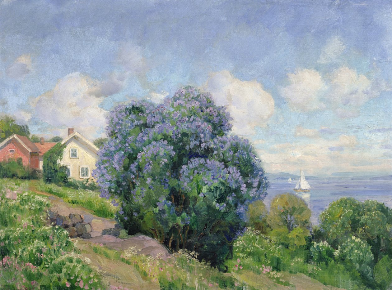 Summer landscape with lilac bush, house and sailing boat by Thorolf Holmboe