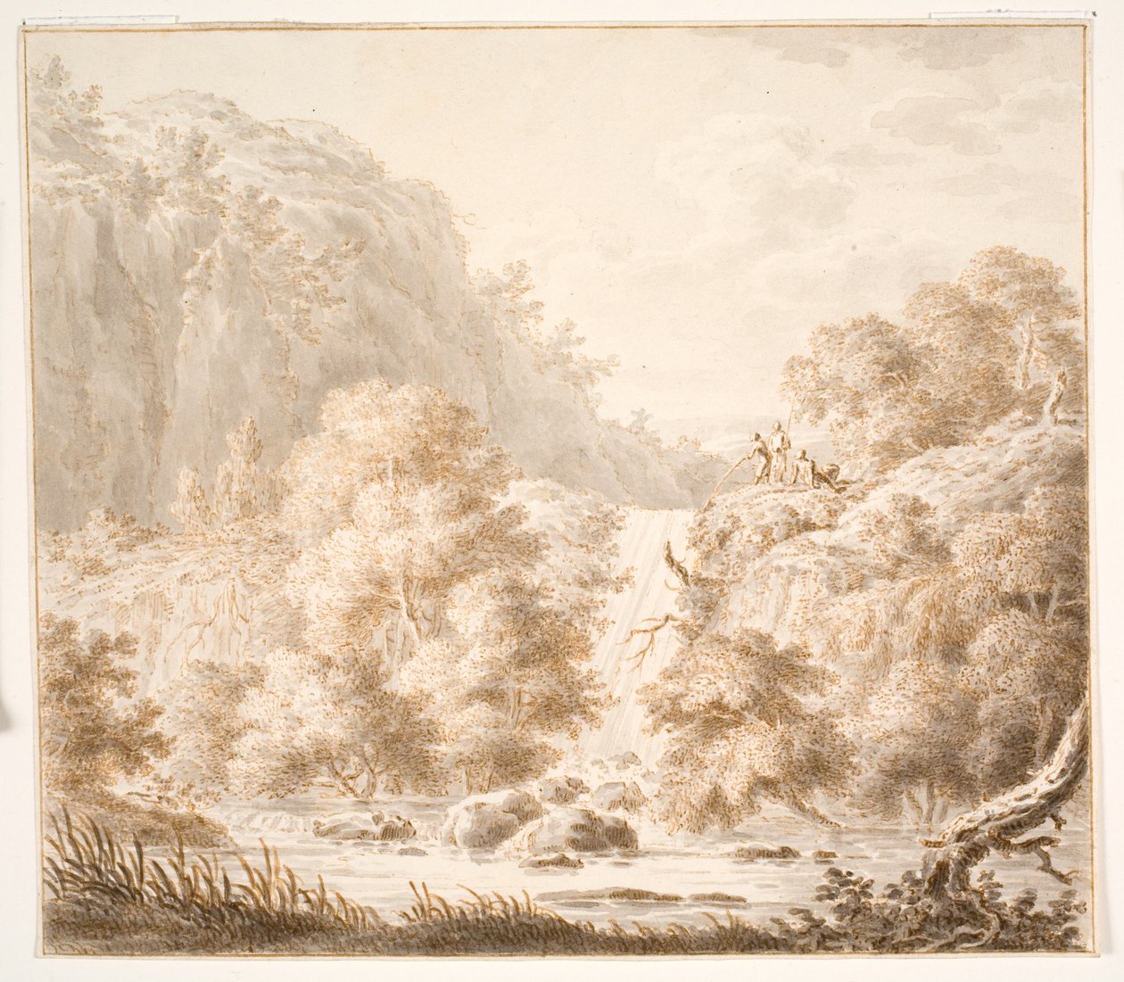 Mountain Landscape with Trees and Waterfall, and Three Figures by Thorsten Elias Hjaltelin