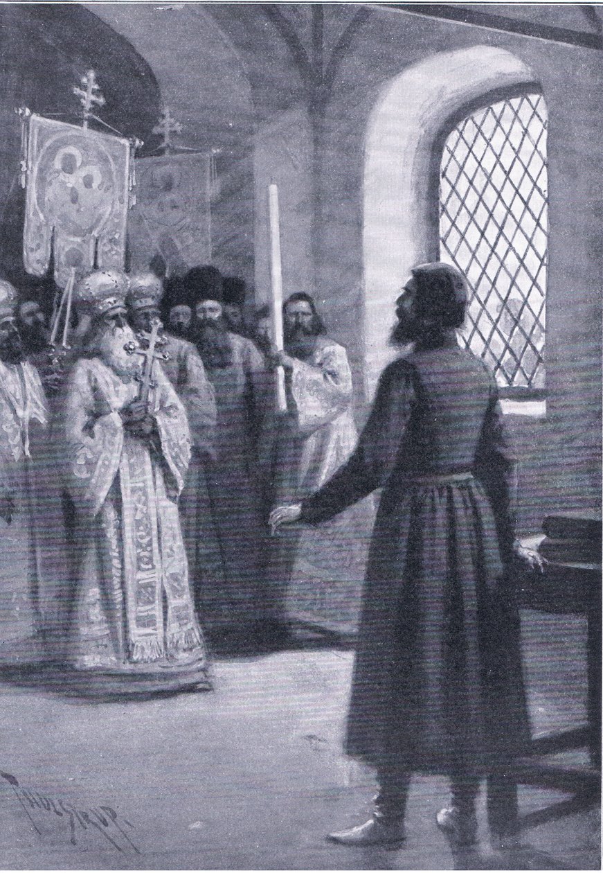 Boris Godunov in retirement at the monastery entreated to accept his election as Czar, illustration from Landmarks in European History published by Gresham Publishing Co, c.1920 by Thure de Thulstrup