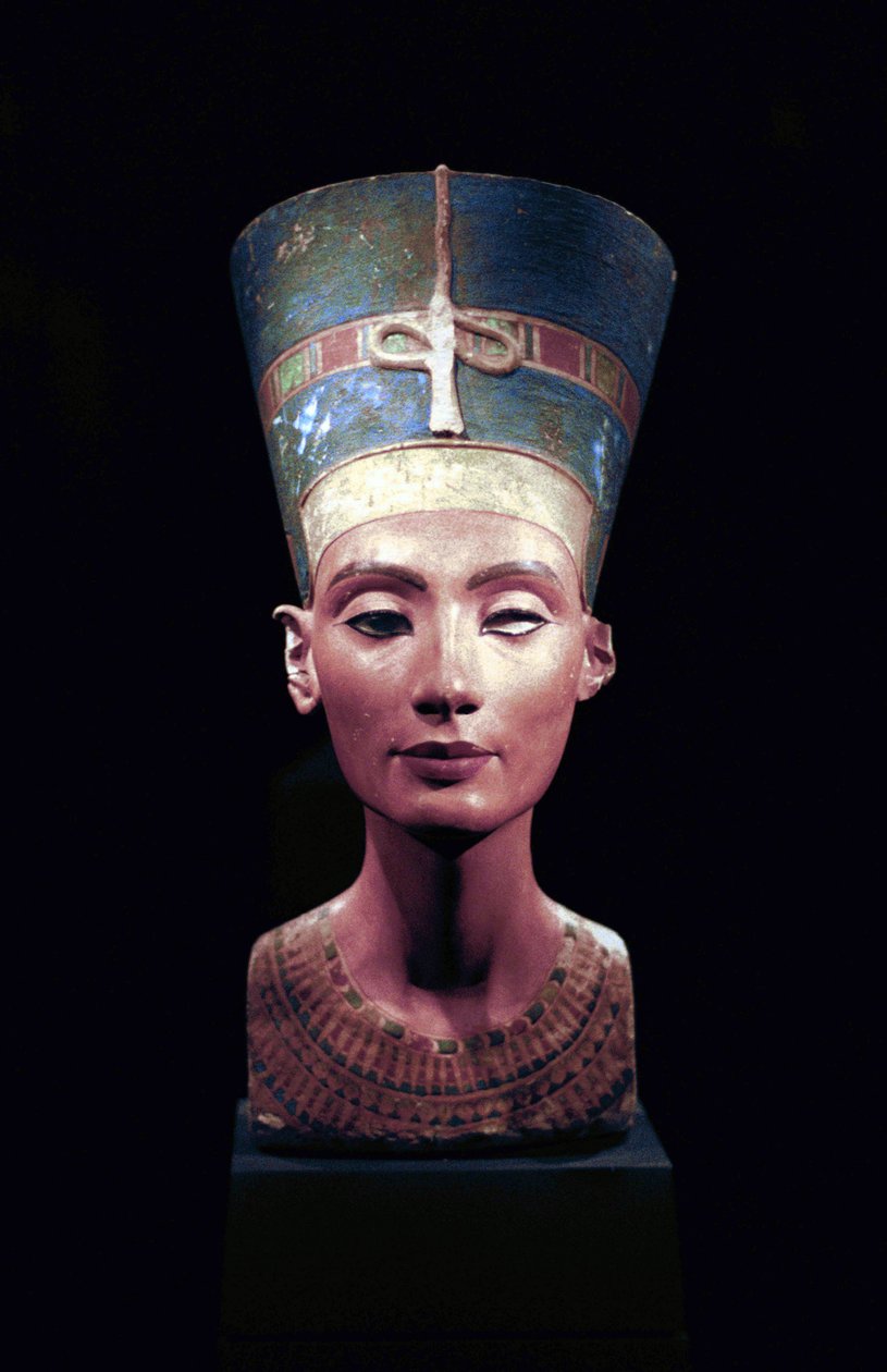 Bust of Nefertiti (c1370- c1330 BC) Great Royal Wife (chief consort) to the Egyptian Pharaoh Akhenaten. Nefertiti and her husband were known for a religious revolution. They started to worship one god only, Aten, the sun