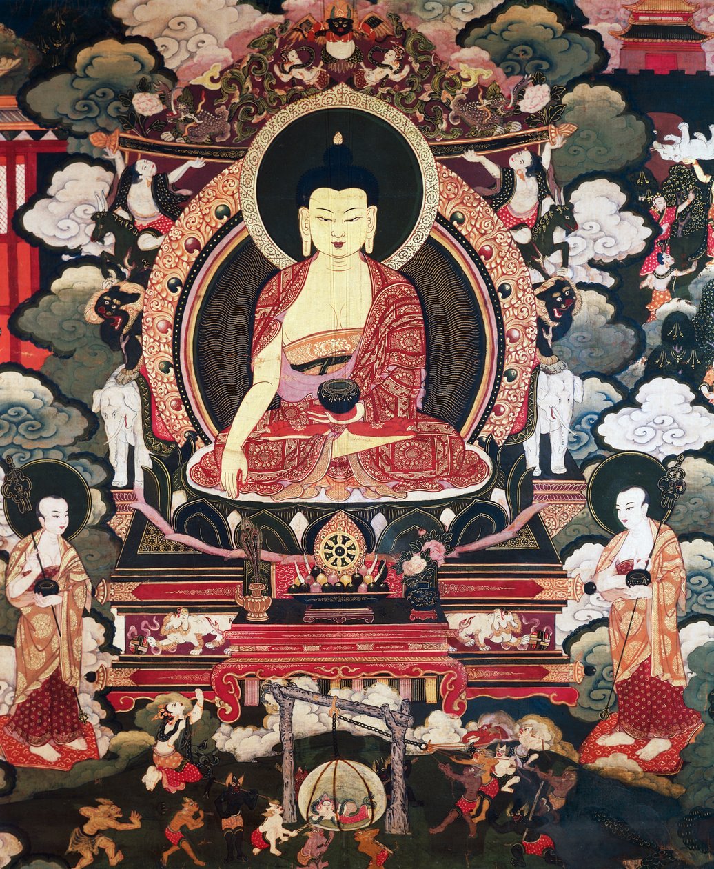 Buddha seated between his two great disciples Cariputra and Maudgalyayana, scenes from the Life of Buddha Sakyamuni, Tibetan civilization by Tibetan School