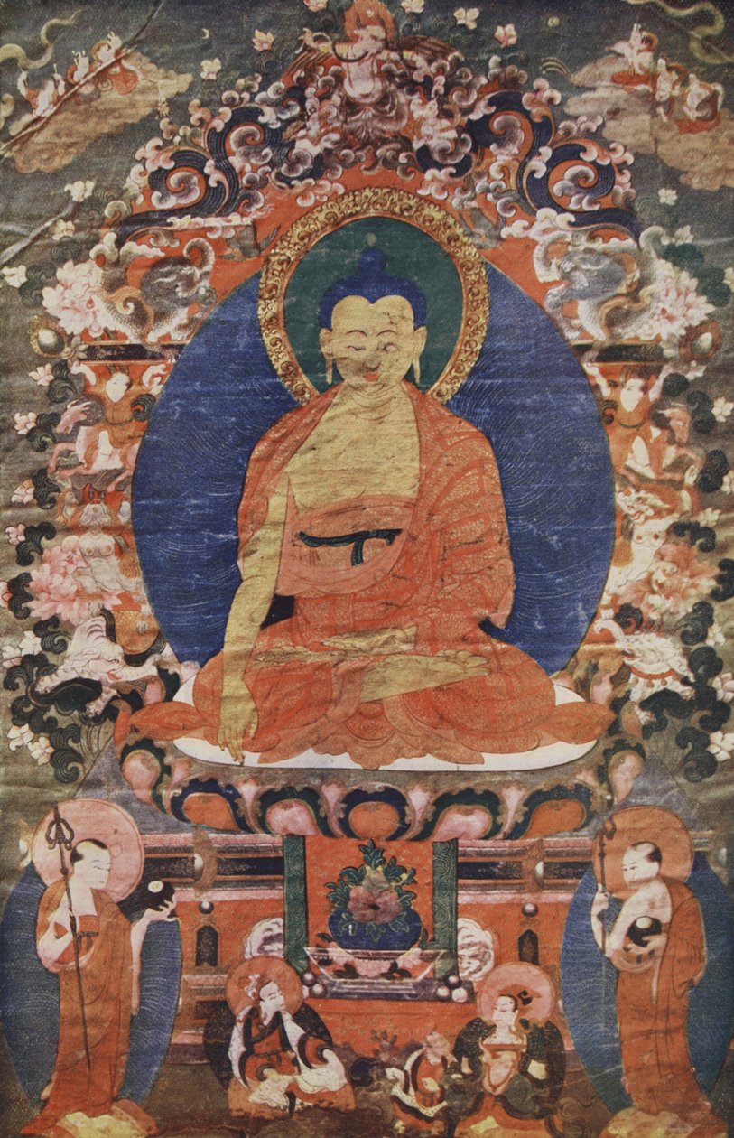 Tibetan Temple picture of Buddha enthroned, 18th century, reproduced in The Outline of History: being a plain history of life and mankind by H.G. Wells, London by Tibetan School