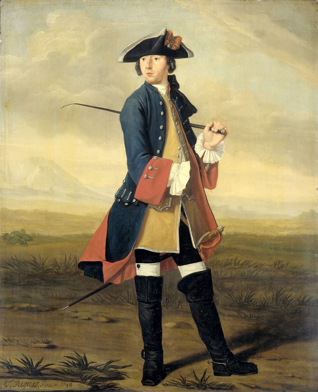 Portrait of Ludolf Backhuysen II, Painter, in the Uniform of the Dragoons by Tibout Regters