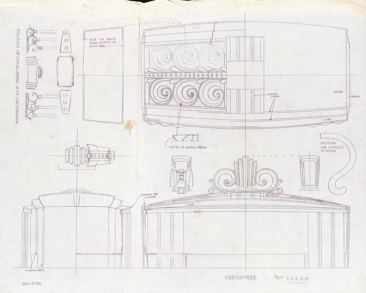 A Drawing of Design for a Tiffany & Co. Exposition Centerpiece and Two Three-Light Candelabrum, Made for the 1939 World