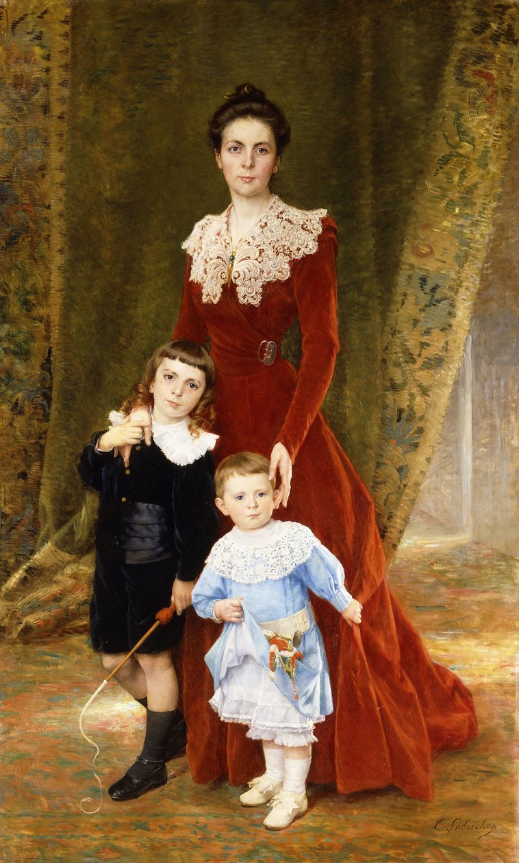 Portrait of a Lady, standing full length, with her Children by Timoleon Marie Lobrichon