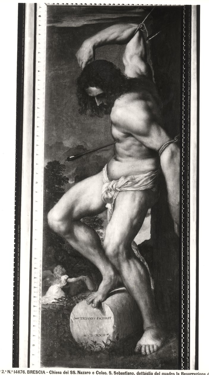 Averoldi Polyptych, panel depicting the Martyrdom of St. Sebastian, 1522 (detail) by Tiziano Vecelli