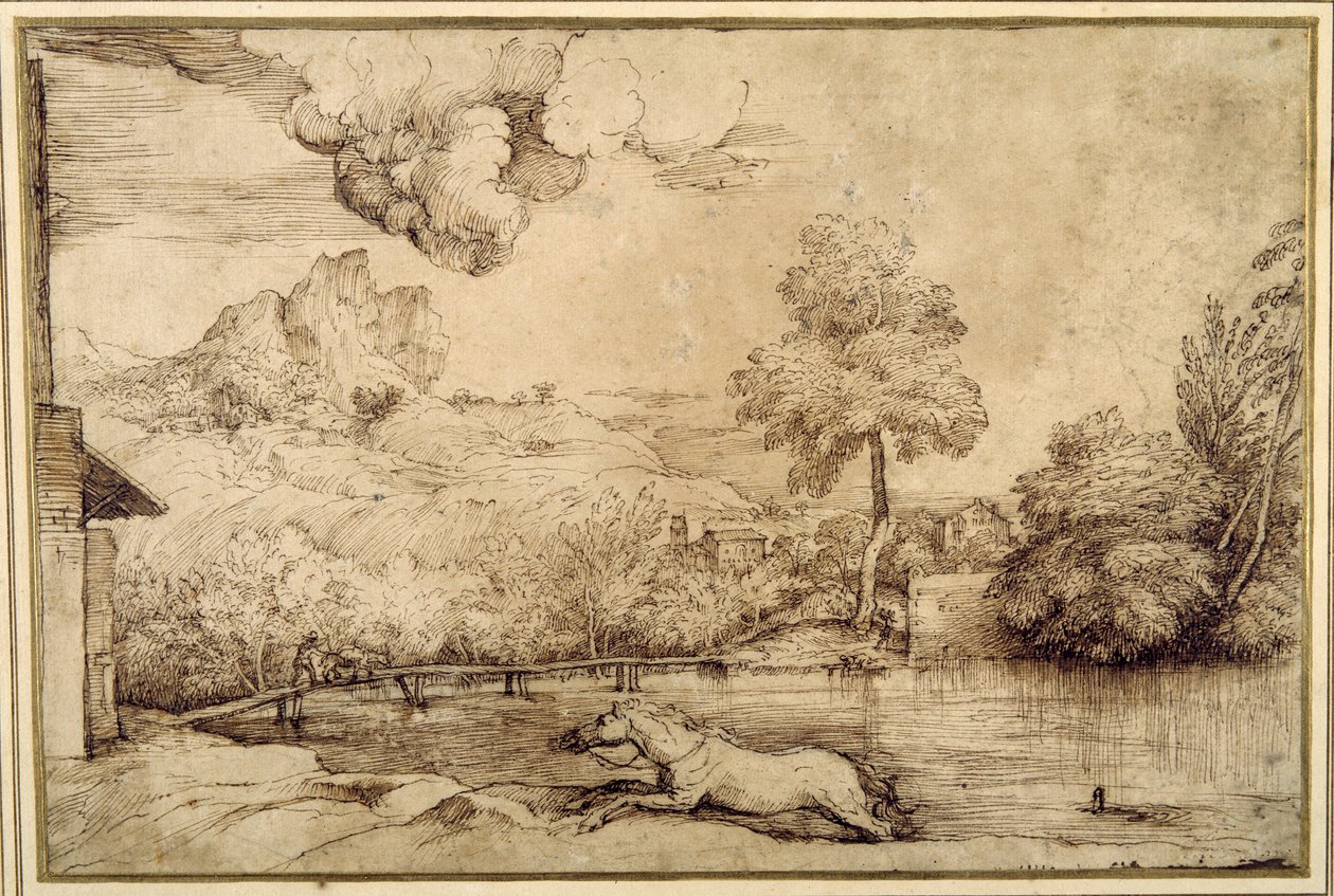Landscape: a riderless horse pursued by a serpent by Titian (c.1488 1576)