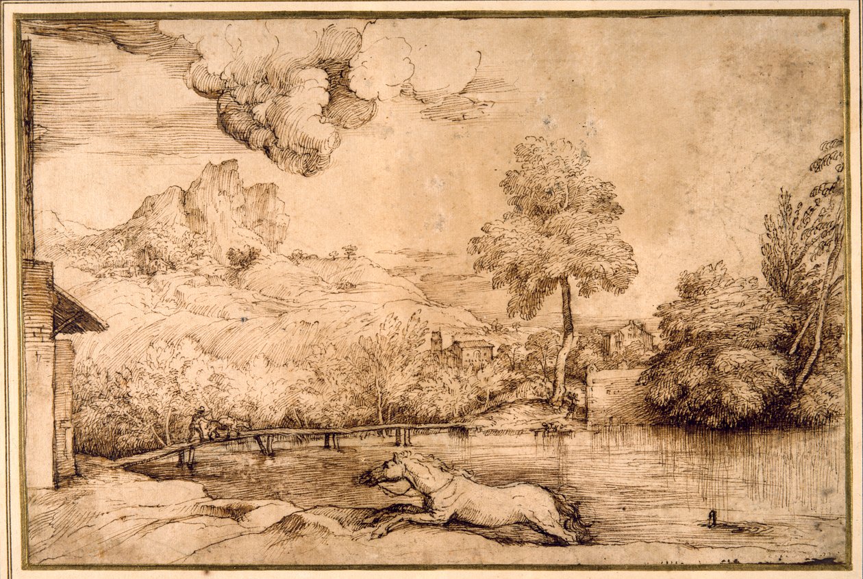 Landscape: a riderless horse pursued by a serpent by Titian (c.1488 1576)