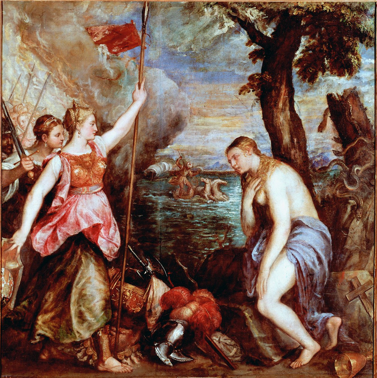 Spain to the aid of Religion: allegory of the victory of the troops of Pope Pius V (including Spain) over the fleet of the Ottoman Empire in the naval battle of Lepanto in 1571. A woman (religion) is saved by a warrior representing Spain. Painting by Tiziano Vecelli