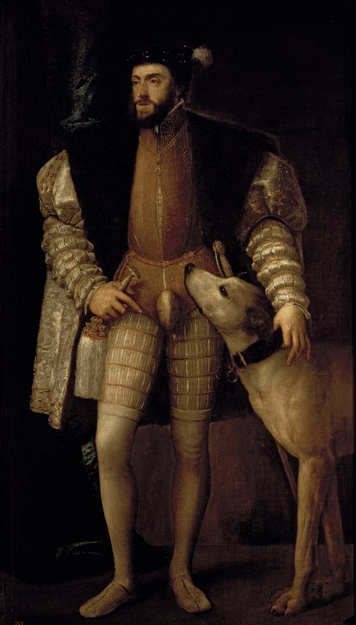 Charles V Holy Roman Emperor and King of Spain with his Dog, 1533 by Tiziano Vecelli