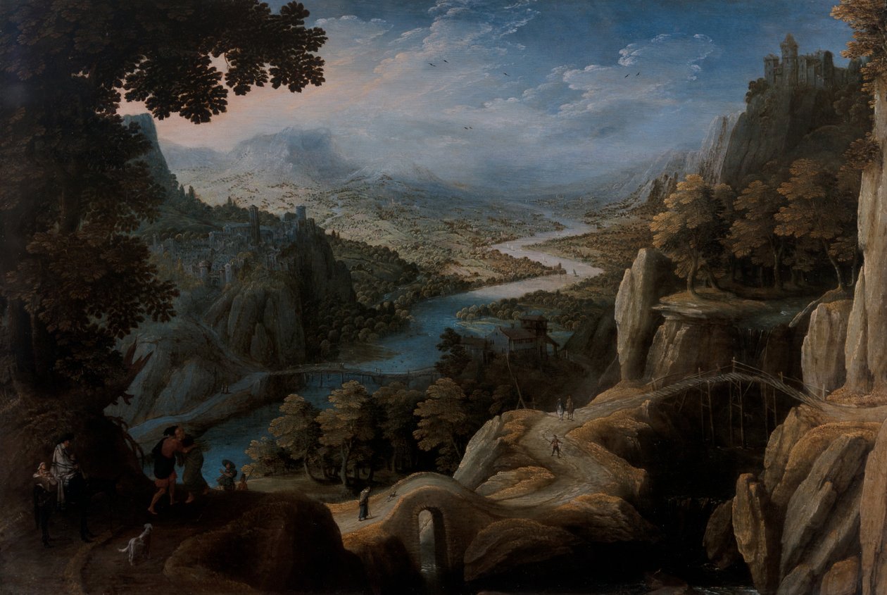 An Extensive Mountainous River Landscape with the Reconciliation of Jacob and Laban, a Fortified Town on a Cliff Top Beyond by Tobias Verhaecht