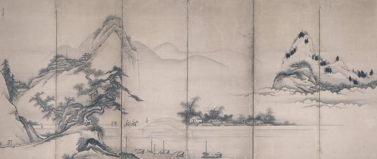 Travelers On A Lakeside Bridge by Toetsu Toetsu