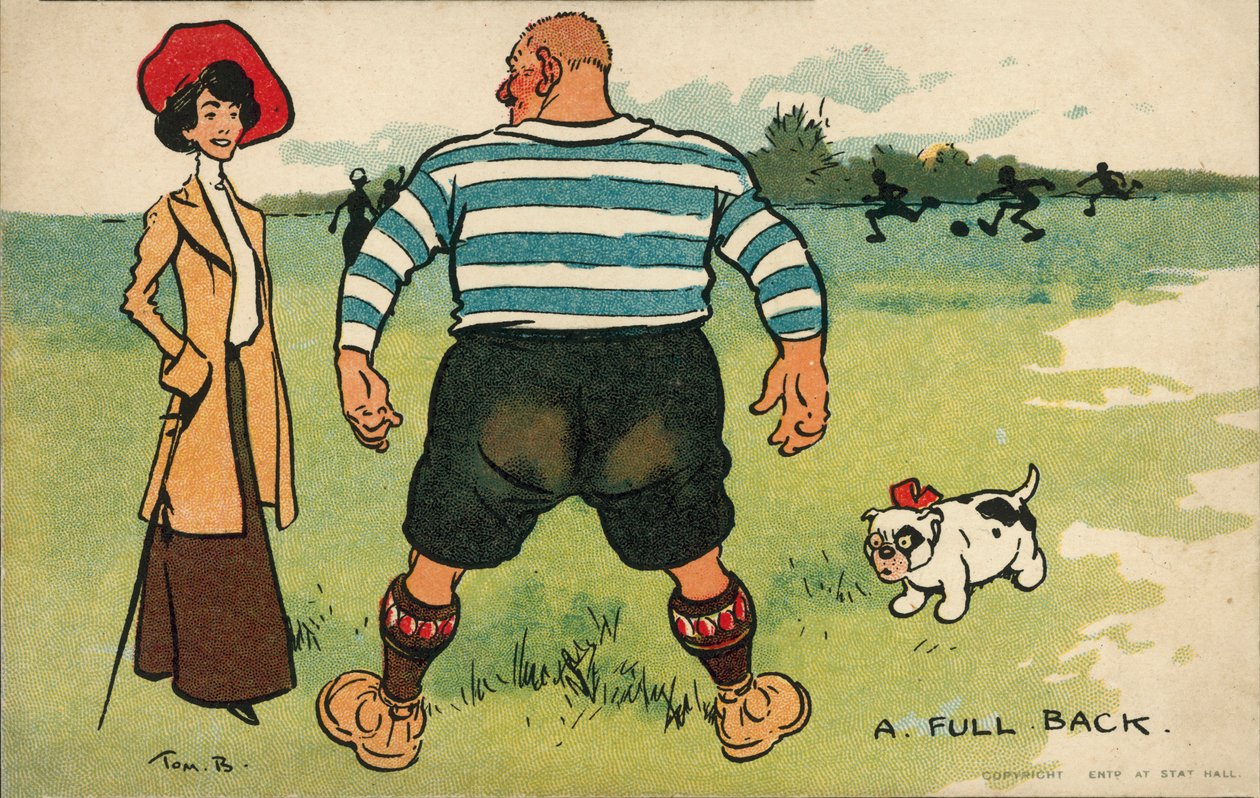 Large Footballer with a Woman Walking Her Dog by Tom Browne